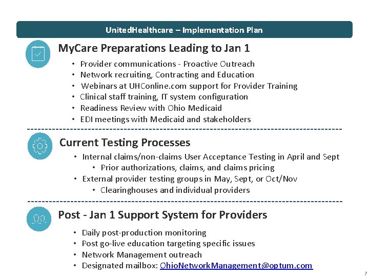 United. Healthcare – Implementation Plan My. Care Preparations Leading to Jan 1 • •