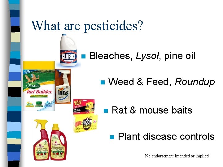 What are pesticides? n Bleaches, Lysol, pine oil n Weed & Feed, Roundup n