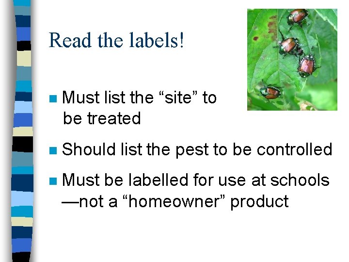 Read the labels! n Must list the “site” to be treated n Should list