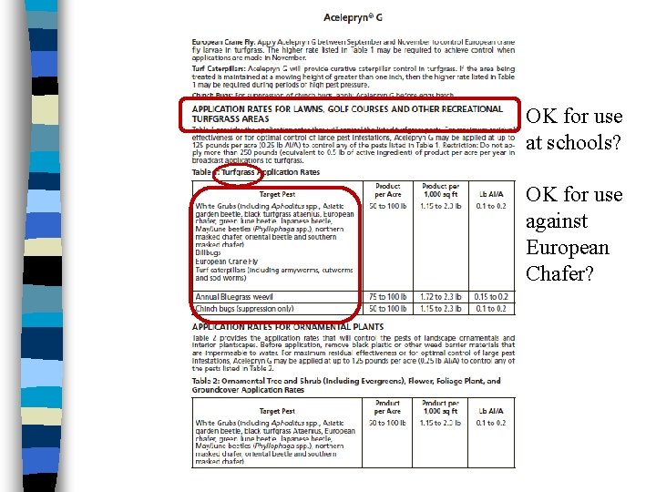 OK for use at schools? OK for use against European Chafer? 