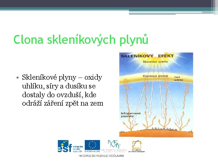 Clona skleníkových plynů • Skleníkové plyny – oxidy uhlíku, síry a dusíku se dostaly