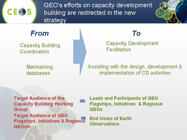 GEO’s efforts on capacity development building are redirected in the new strategy From Capacity