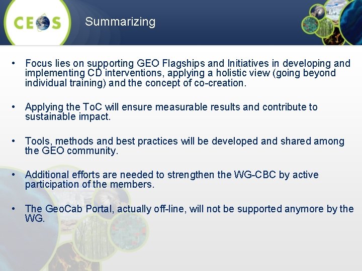 Summarizing • Focus lies on supporting GEO Flagships and Initiatives in developing and implementing