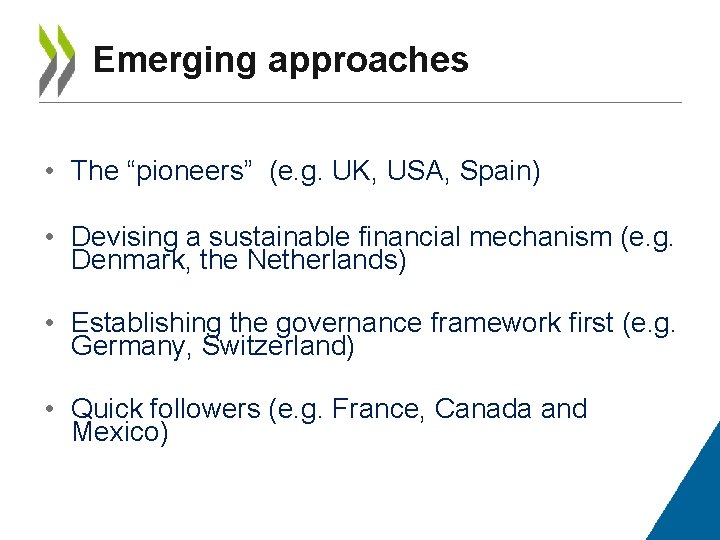 Emerging approaches • The “pioneers” (e. g. UK, USA, Spain) • Devising a sustainable