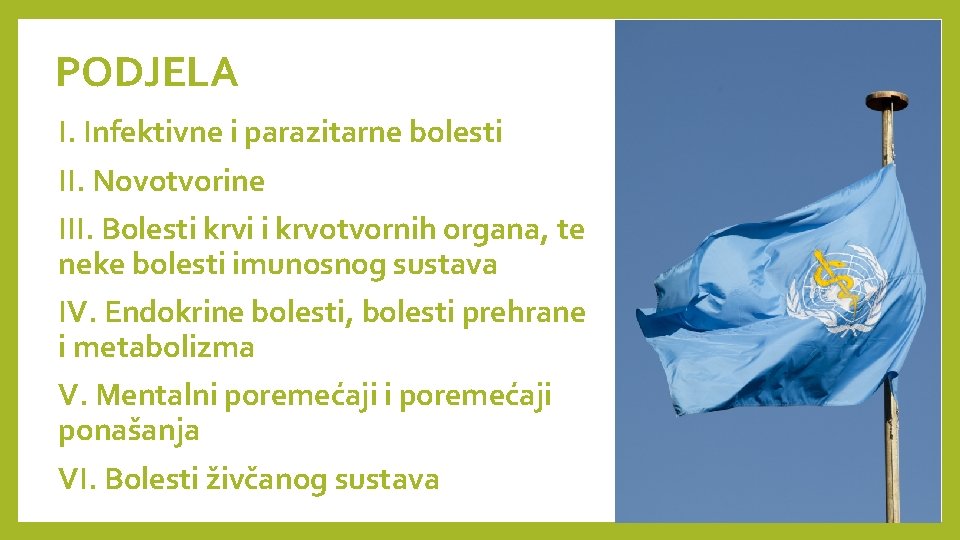 PODJELA I. Infektivne i parazitarne bolesti II. Novotvorine III. Bolesti krvi i krvotvornih organa,