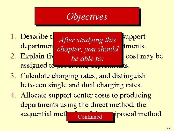 Objectives 1. Describe the. After difference between studying this support departmentschapter, and producing departments.