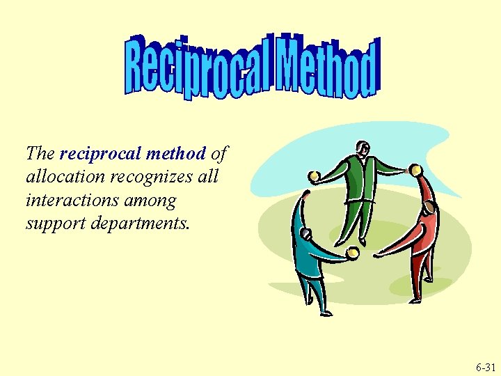 The reciprocal method of allocation recognizes all interactions among support departments. 6 -31 