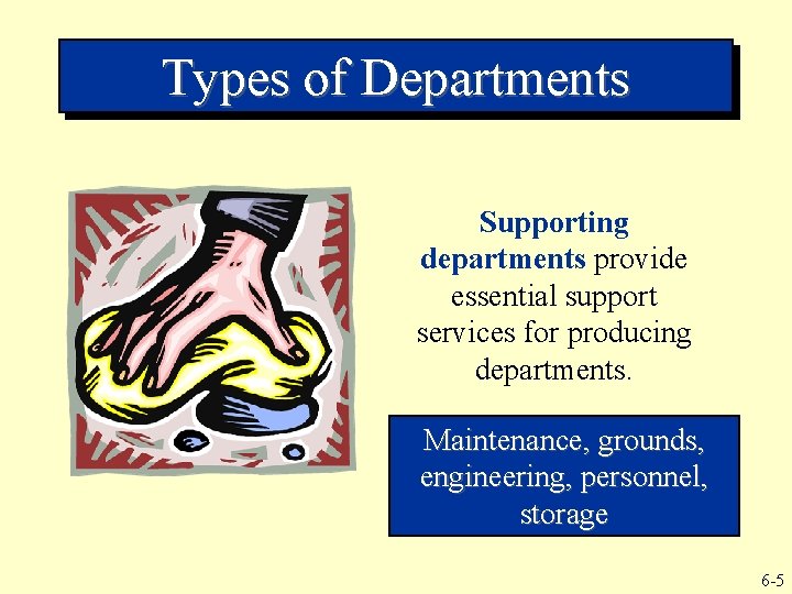 Types of Departments Supporting departments provide essential support services for producing departments. Maintenance, grounds,