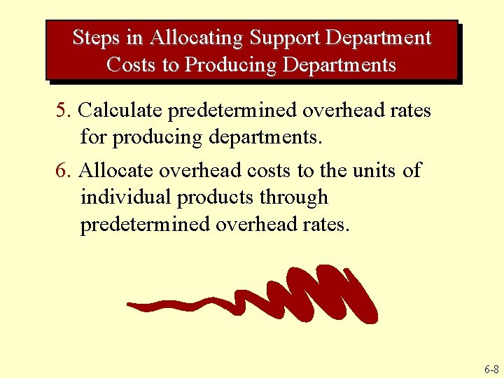 Steps in Allocating Support Department Costs to Producing Departments 5. Calculate predetermined overhead rates