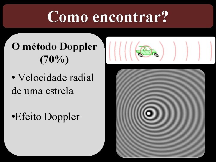 Como encontrar? O método Doppler (70%) • Velocidade radial de uma estrela • Efeito