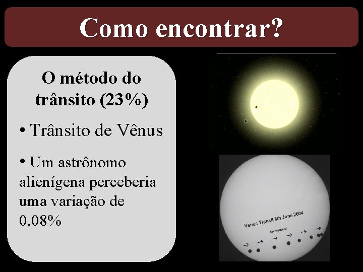 Como encontrar? O método do trânsito (23%) • Trânsito de Vênus • Um astrônomo