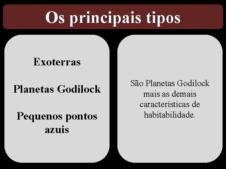 Os principais tipos Exoterras Planetas Godilock Pequenos pontos azuis São Planetas Godilock mais as