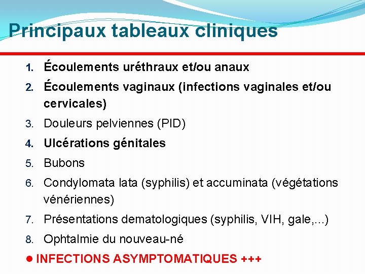 Principaux tableaux cliniques 1. Écoulements uréthraux et/ou anaux 2. Écoulements vaginaux (infections vaginales et/ou