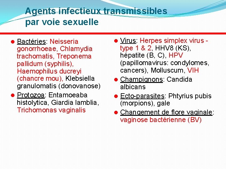 Agents infectieux transmissibles par voie sexuelle Bactéries: Neisseria gonorrhoeae, Chlamydia trachomatis, Treponema pallidum (syphilis),