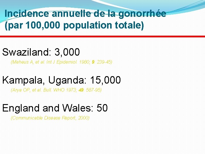 Incidence annuelle de la gonorrhée (par 100, 000 population totale) Swaziland: 3, 000 (Meheus