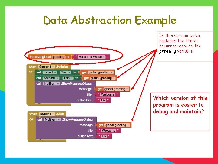 Data Abstraction Example In this version we’ve replaced the literal occurrences with the greeting