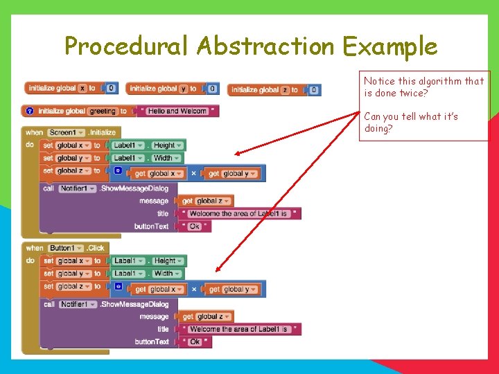Procedural Abstraction Example Notice this algorithm that is done twice? Can you tell what