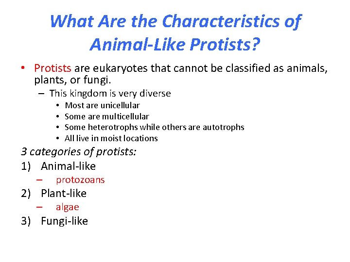 What Are the Characteristics of Animal-Like Protists? • Protists are eukaryotes that cannot be