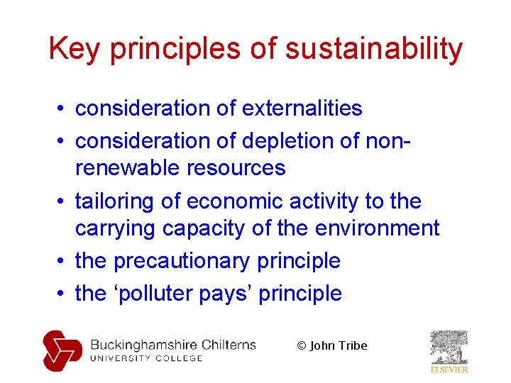 Key principles of sustainability • consideration of externalities • consideration of depletion of nonrenewable