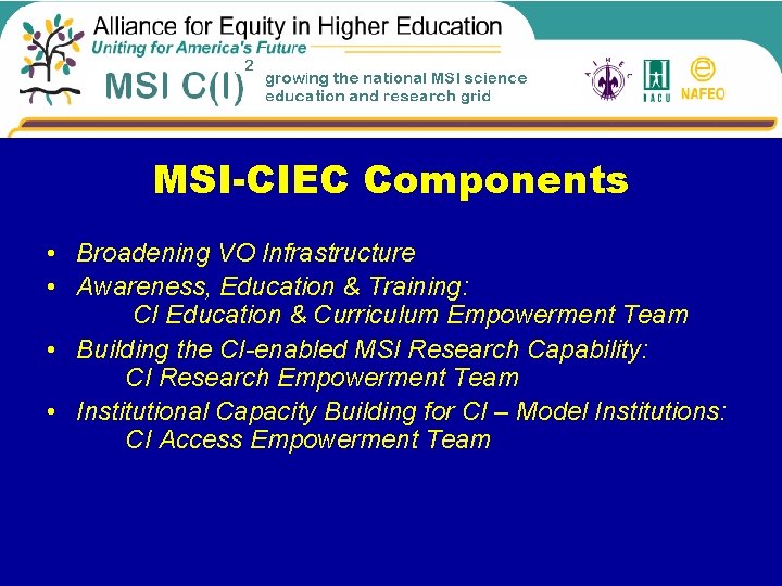 MSI-CIEC Components • Broadening VO Infrastructure • Awareness, Education & Training: CI Education &