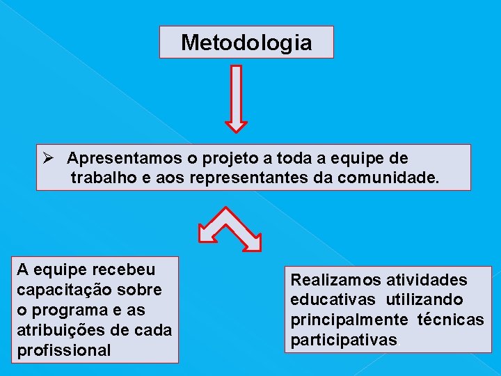 Metodologia Ø Apresentamos o projeto a toda a equipe de trabalho e aos representantes