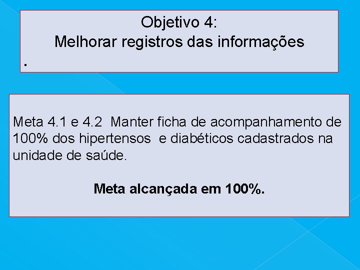 Objetivo 4: Melhorar registros das informações. Meta 4. 1 e 4. 2 Manter ficha