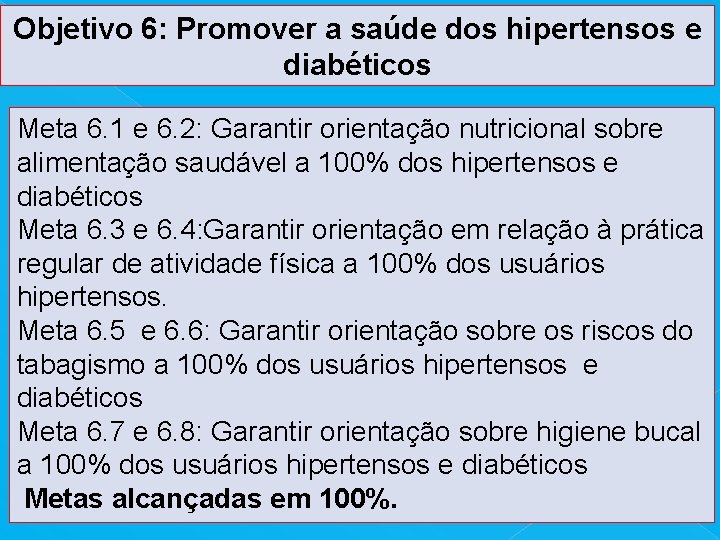 Objetivo 6: Promover a saúde dos hipertensos e diabéticos Meta 6. 1 e 6.