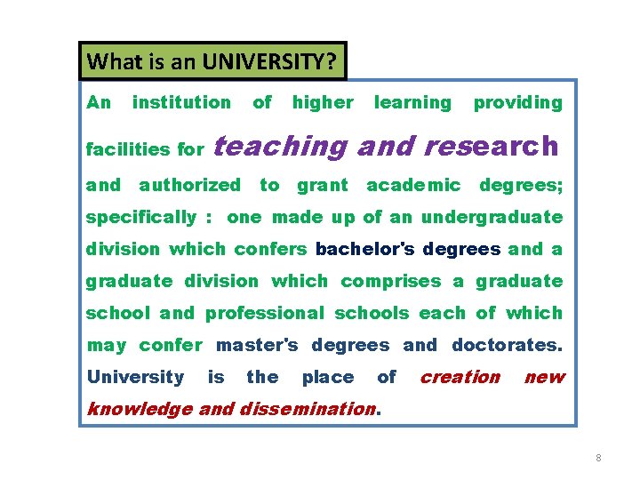 What is an UNIVERSITY? An institution facilities for and of higher learning providing teaching