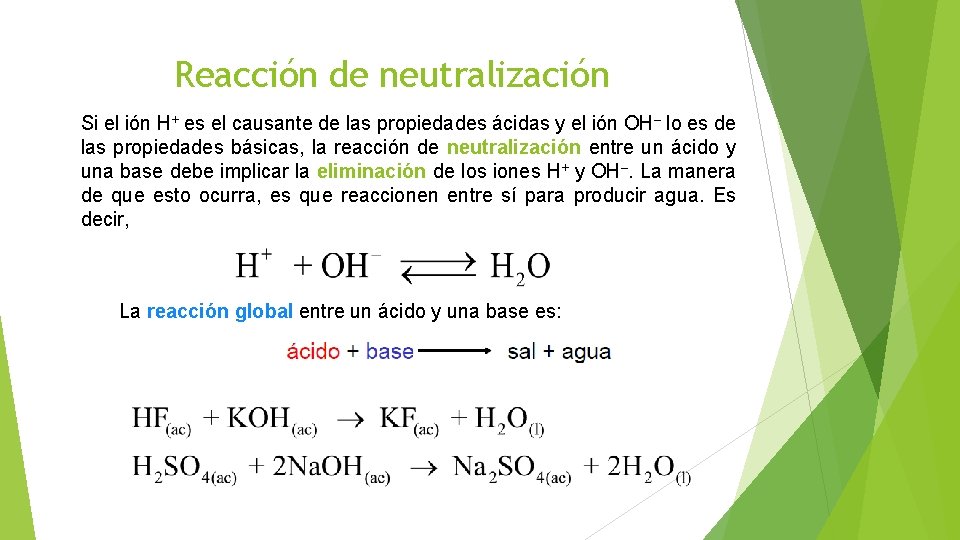 Reacción de neutralización Si el ión H+ es el causante de las propiedades ácidas