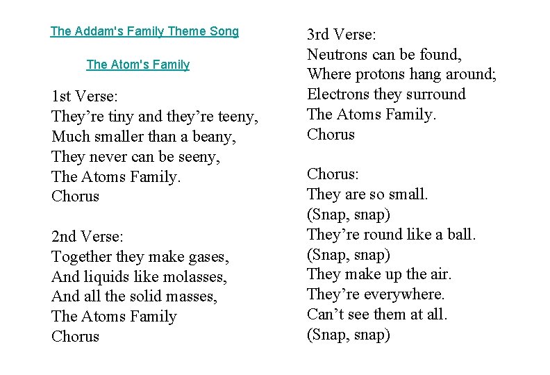 The Addam's Family Theme Song The Atom's Family 1 st Verse: They’re tiny and