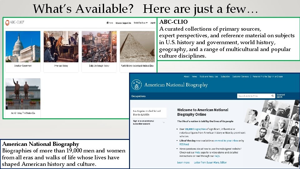 What’s Available? Here are just a few… ABC-CLIO A curated collections of primary sources,