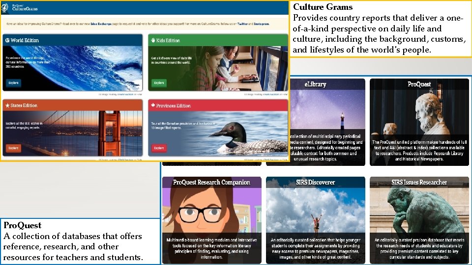 Culture Grams Provides country reports that deliver a oneof-a-kind perspective on daily life and