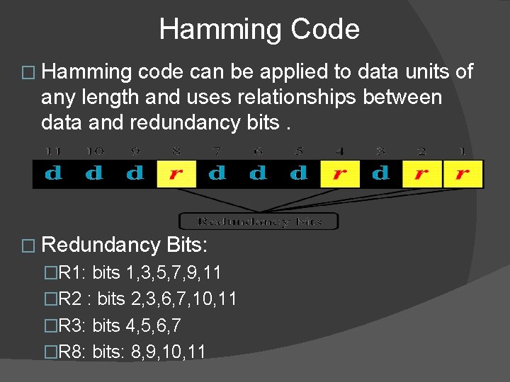 Hamming Code � Hamming code can be applied to data units of any length