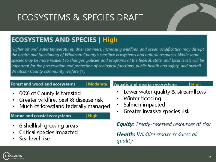 ECOSYSTEMS & SPECIES DRAFT Lower water quality & streamflows Winter flooding Salmon impacted Greater
