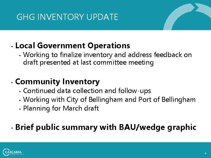 GHG INVENTORY UPDATE • Local Government Operations • • Community Inventory • • Working