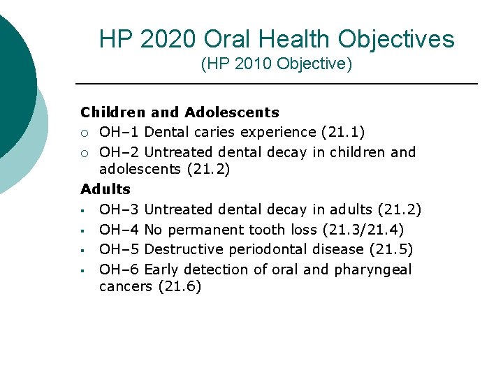 HP 2020 Oral Health Objectives (HP 2010 Objective) Children and Adolescents ¡ OH– 1