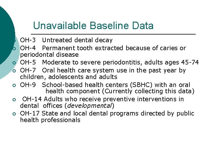 Unavailable Baseline Data ¡ ¡ ¡ ¡ OH-3 Untreated dental decay OH-4 Permanent tooth