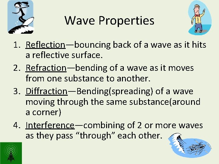 Wave Properties 1. Reflection—bouncing back of a wave as it hits a reflective surface.