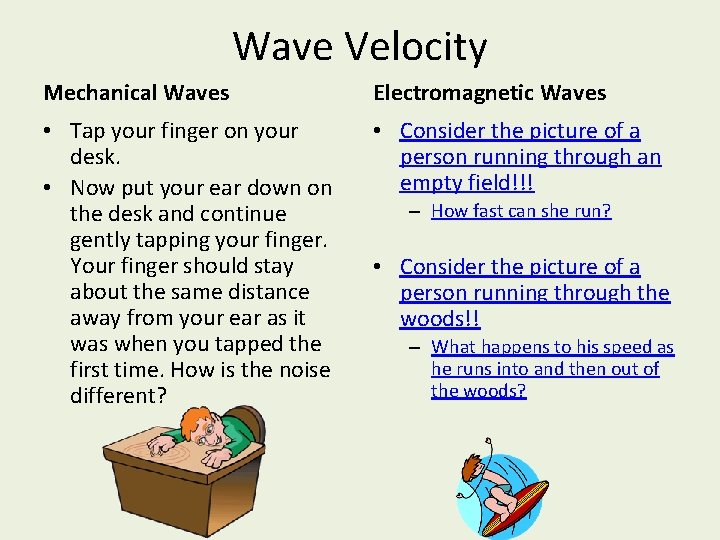 Wave Velocity Mechanical Waves Electromagnetic Waves • Tap your finger on your desk. •