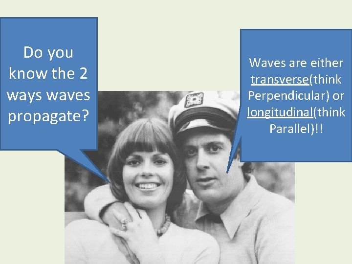 Do you know the 2 ways waves propagate? Waves are either transverse(think Perpendicular) or