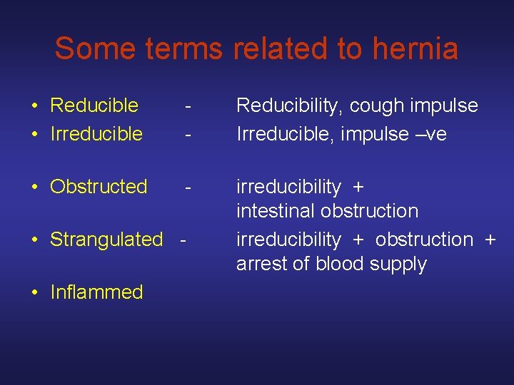 Some terms related to hernia • Reducible • Irreducible - Reducibility, cough impulse Irreducible,