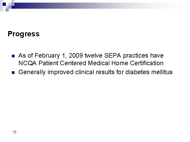 Progress n n 15 As of February 1, 2009 twelve SEPA practices have NCQA