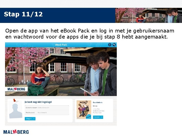 Stap 11/12 Open de app van het e. Book Pack en log in met