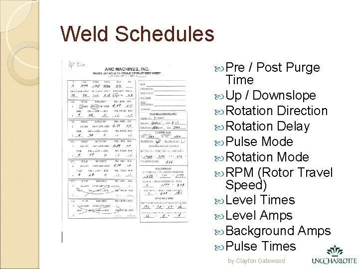 Weld Schedules Pre / Post Purge Time Up / Downslope Rotation Direction Rotation Delay