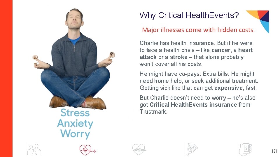 Why Critical Health. Events? Major illnesses come with hidden costs. Charlie has health insurance.