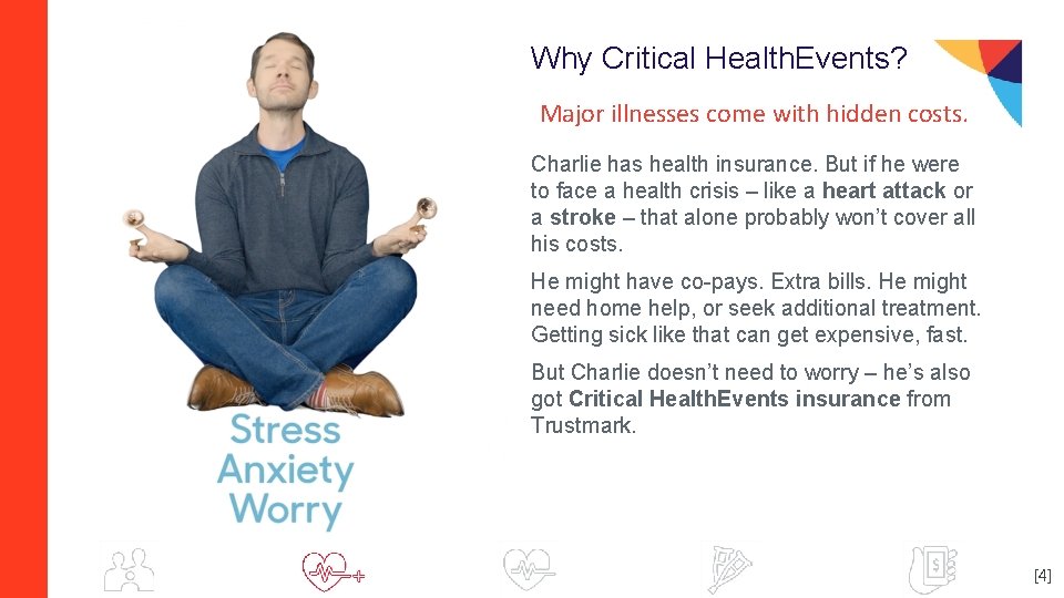 Why Critical Health. Events? Major illnesses come with hidden costs. Charlie has health insurance.