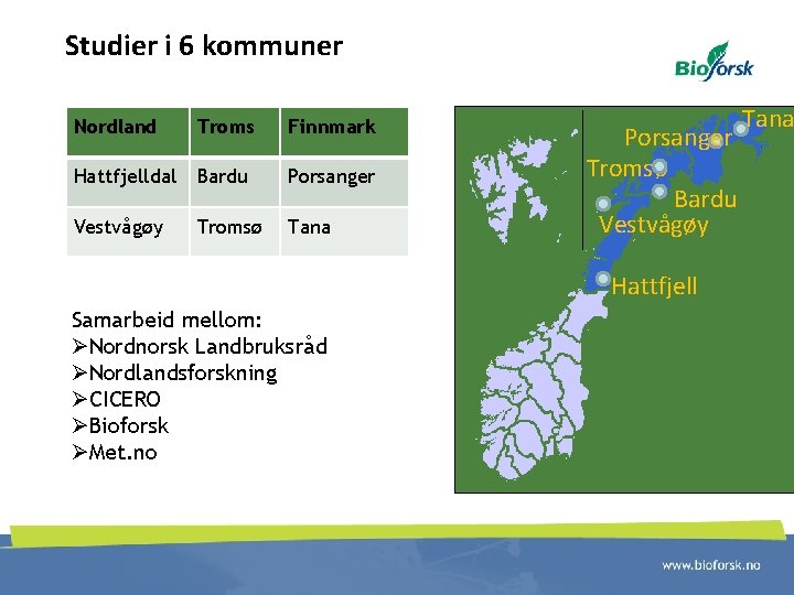 Studier i 6 kommuner Nordland Troms Finnmark Hattfjelldal Bardu Porsanger Vestvågøy Tromsø Tana Porsanger