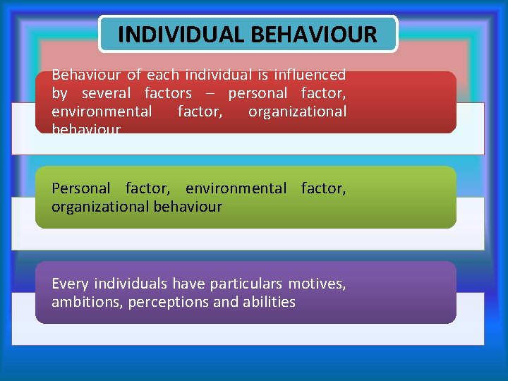 INDIVIDUAL BEHAVIOUR Behaviour of each individual is influenced by several factors – personal factor,