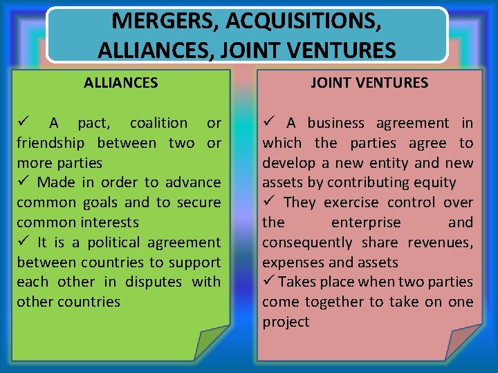 MERGERS, ACQUISITIONS, ALLIANCES, JOINT VENTURES ALLIANCES JOINT VENTURES ü A pact, coalition or friendship