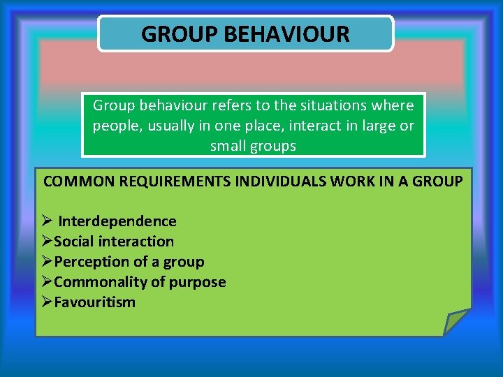 GROUP BEHAVIOUR Group behaviour refers to the situations where people, usually in one place,